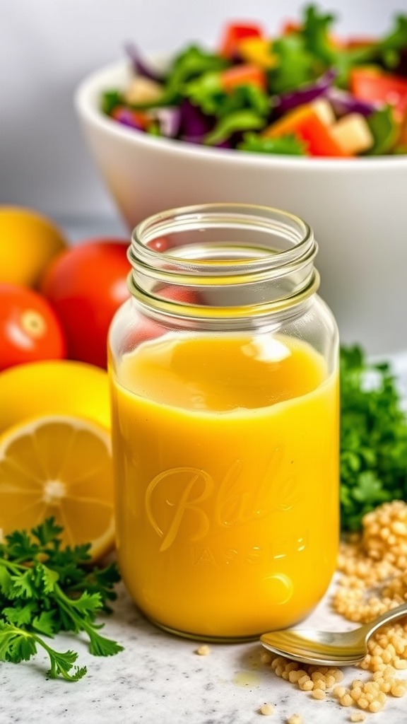 A jar of zesty quinoa dressing with fresh ingredients like lemon and parsley, next to a salad bowl.